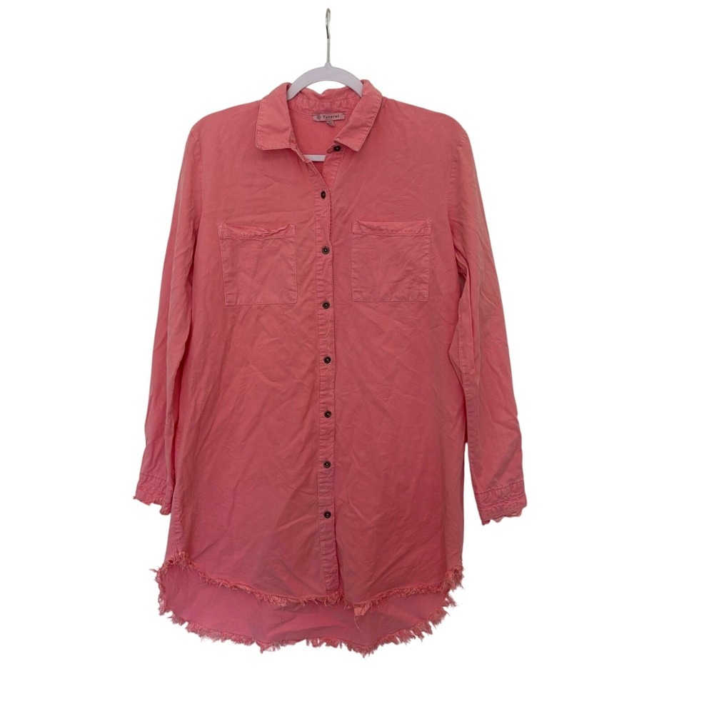 Veveret Pink Tencel Denim Shirt Dress Frayed Hem Tunic L‎ Gorpcore Utility Large